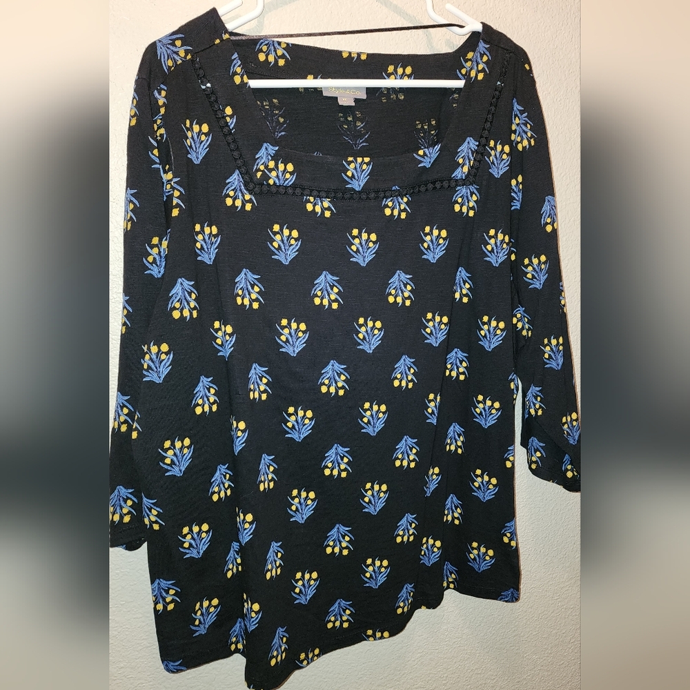 Style & Co. Black Top with Blue and Yellow Floral Design